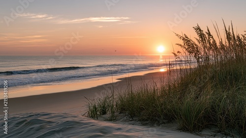 Sunrise over the Delaware seashore: dunes, sea oats, and a tranquil ocean at dawn