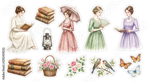 Victorian fashion women clipart collection, vintage aesthetic, floral basket, antique books, butterflies, retro elegance, historical attire, nature elements, decorative stickers, nostalgic decoration