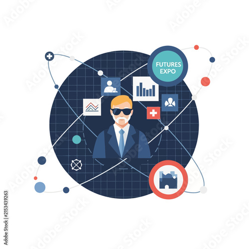 Professional Businessman with Global Data Analytics and Future Technology Icons