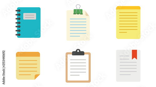 Business Document Notes Collection with Notebook Clipboard and Sticky Paper Icons Isolated on PNG Background.