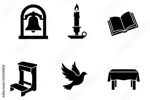 Bild auf Leinwand Set of black silhouette icons representing religious symbols including a church