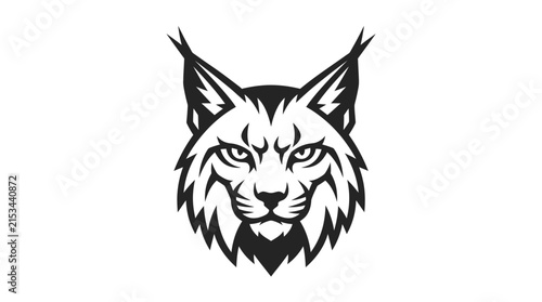 Lynx head illustration showing a detailed black and white feline portrait with sharp ears and piercing eyes looking straight ahead.