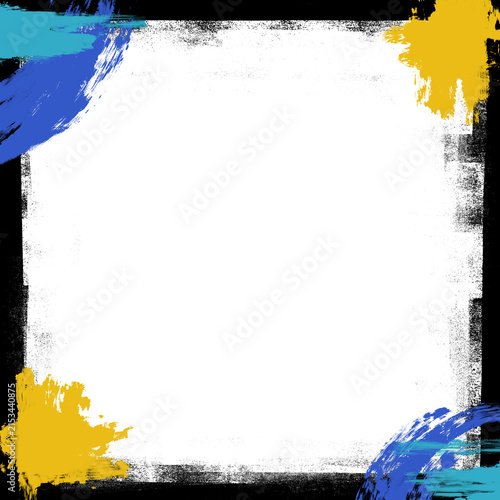 Multicolor acrylic brush stroke border frame showing artistic blue and yellow corner paint smears over a black edge. Hand drawn abstract distressed layout element for street art graphic design.