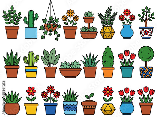 Flat Vector Potted Plant and Flower Collection Set