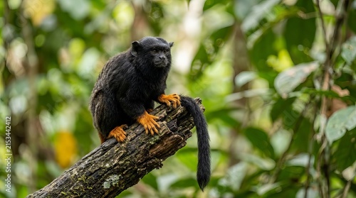 Black Tamarin Monkey with Orange Feet Sitting on a Tree Branch in a Lush Green Rainforest