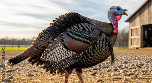 Wild turkey bird with colorful head and feathers standing on gravel outdoor