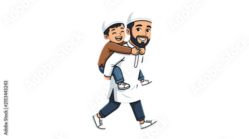 Father and Son Piggyback Ride, Muslim Family Fun, Islamic Culture, Happy Childhood