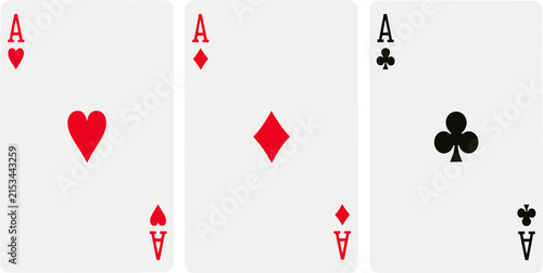 Three Aces Playing Cards - Hearts, Diamonds, Clubs on White Background