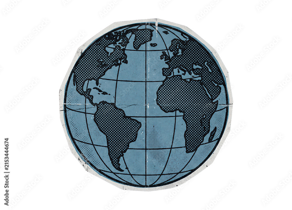 Obraz premium Blue distressed globe illustration with halftone continents and grid lines, isolated on a transparent background