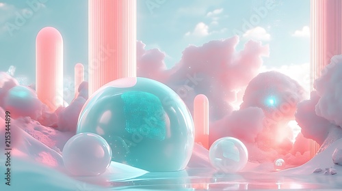 Surreal dreamscape with glowing spheres and abstract structures in pastel hues with dreamlike landscape abstract elements