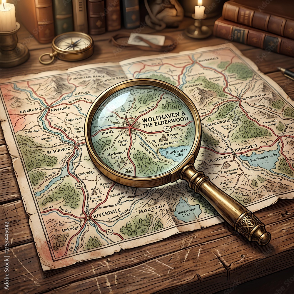 Fototapeta premium Vintage Map and Magnifying Glass Adventure Exploration and Discovery on Wooden Table
