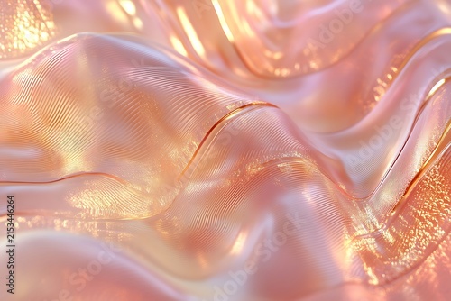 Abstract flowing waves of iridescent pink and gold material with textured surface with close up abstract iridescent background