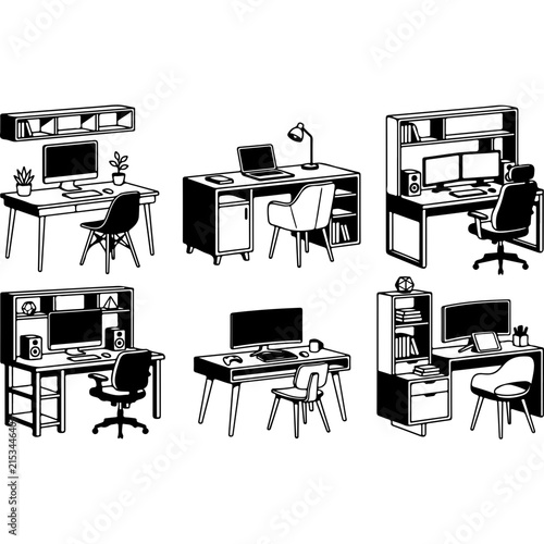 Minimalist workspace vector set, modern home office desk illustrations, black and white computer workstation icons for remote work