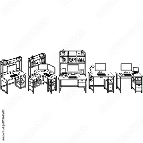 Minimalist computer desk line art set, modern office workstation vector icons, home study furniture collection with shelving