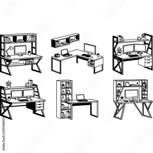 Modern home office desk set, 6 minimalist computer workstation icons, black and white furniture line art vectors for interior design