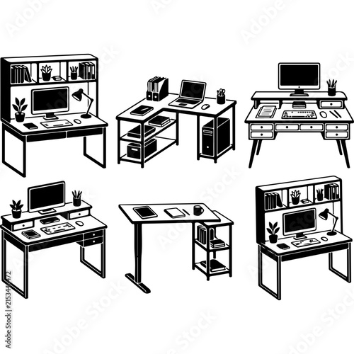 Minimalist office desk vector set, black and white workspace furniture icons, modern computer workstation collection for interior design
