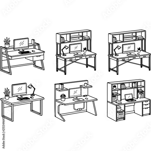 Minimalist computer desk line art set, 6 modern workspace workstation icons, black and white office furniture vector illustrations
