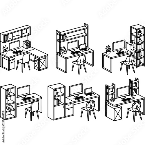 Isometric home office desk set, 6 modern workspace vector illustrations, minimalist computer workstation furniture with shelving