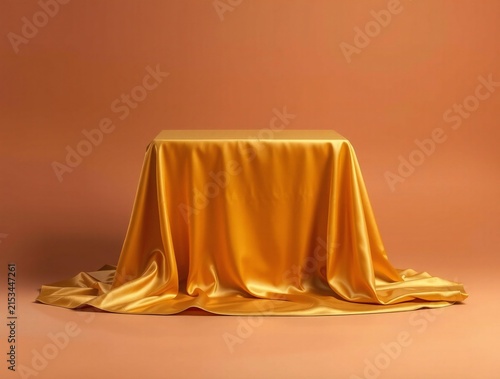 Elegant golden fabric draping over a pedestal against a warm background