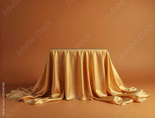Elegant golden fabric draped over a pedestal against a warm background