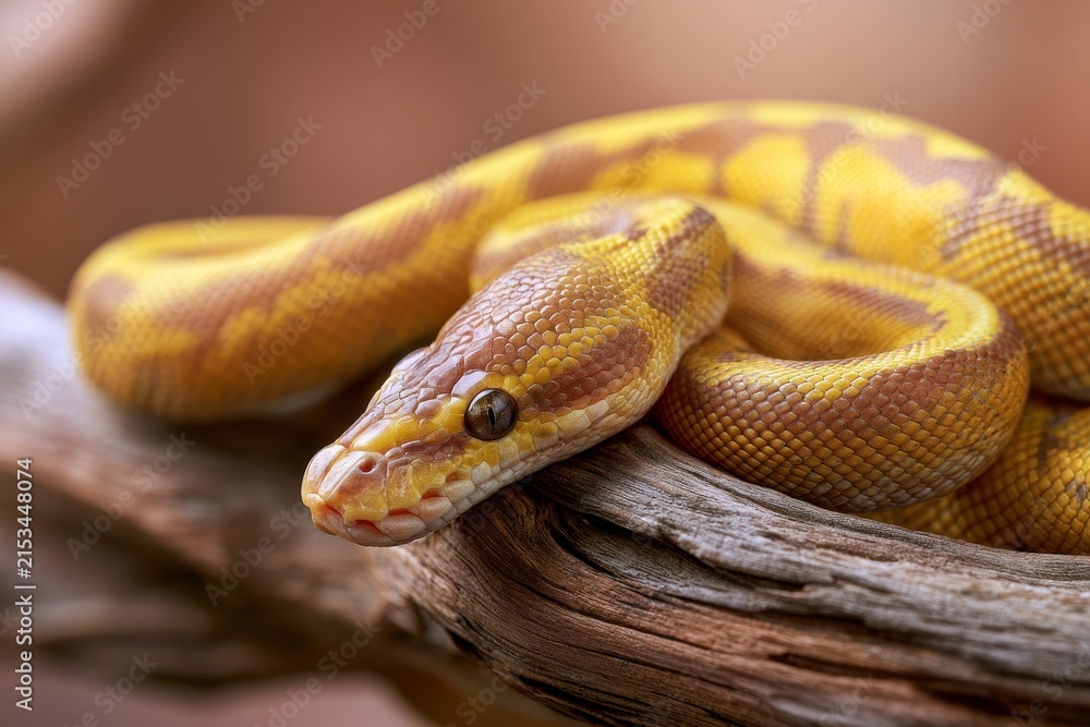 Fototapeta premium Vibrant banana morph ball python in warm earthy tones on a wooden backdrop