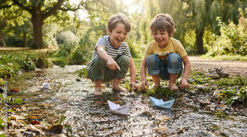 Two young boys playing with paper boats in a forest stream