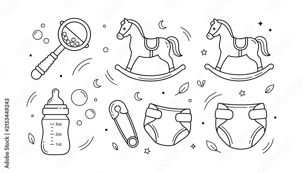 Fototapeta premium Baby Accessories with Rocking Horses, Feeding Bottle, Safety Pin, Diapers, and Rattle in Simple Line Art