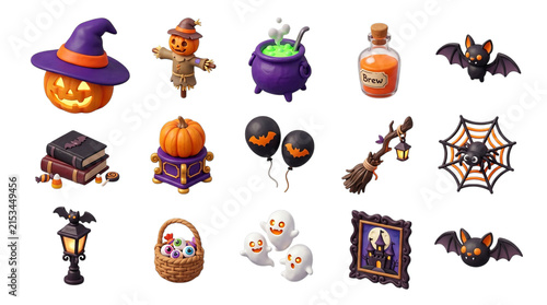 Halloween Collection: Pumpkin Witch, Scarecrow, Cauldron, Bats, Ghosts, Cobweb, Broom