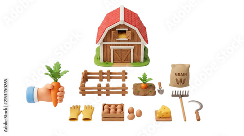 Miniature Farm Scene: Barn, Carrot, Eggs, Cheese, Tools, and Fence