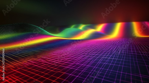 Abstract digital landscape with neon grid and undulating colorful light waves with computer graphic science fiction illumination