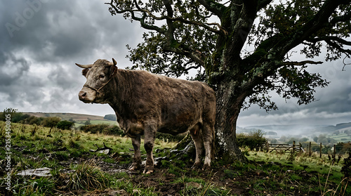 Sturdy Brown Cow Stands Beside Large Ancient Tree in a Grassy Rural Field Under a Cloudy Sky