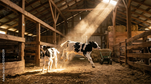 Young calves joyfully frolic and jump in dusty sunbeams within a rustic barn setting.