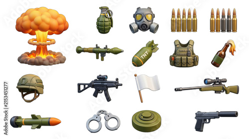 Warfare and Military Icons: Explosion, Weapons, Gear, and Symbols of Conflict