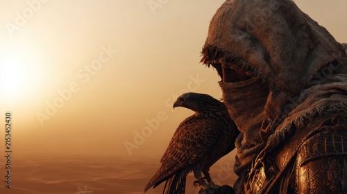 Mysterious figure with falcon at sunset depicting adventure and observation concept