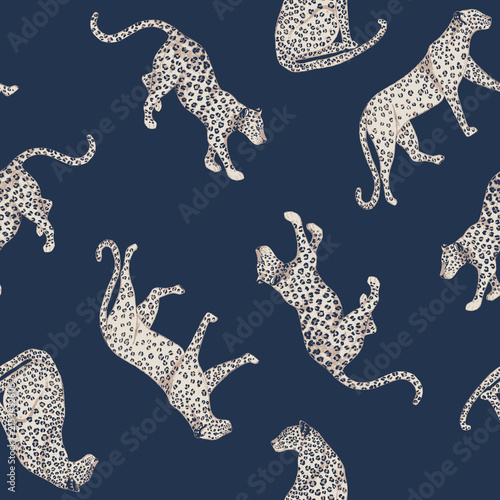 Leopard animal pattern in motion against a dark blue background with selective focus and artistic rendering