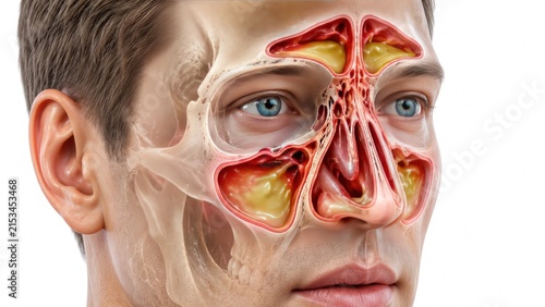 Detailed human face anatomy showing nasal cavity and paranasal sinuses with visible internal structures isolated on white background