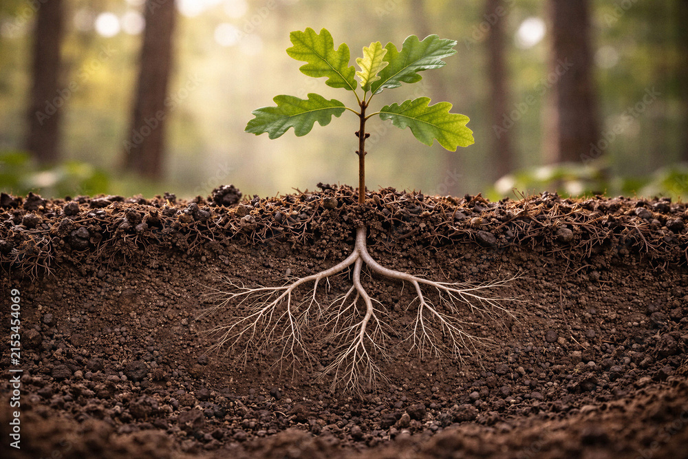 Fototapeta premium Germination d’un gland et jeune chêne avec système racinaire – Coupe botanique réaliste Agroécologie, essence locale et reboisement des paysages ruraux