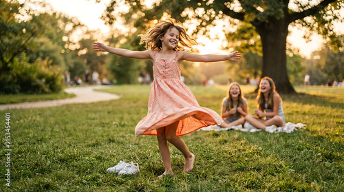 Happy young girl spinning in a grassy park at sunset