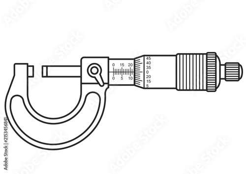 A black and white line art illustration of a precision micrometer tool.