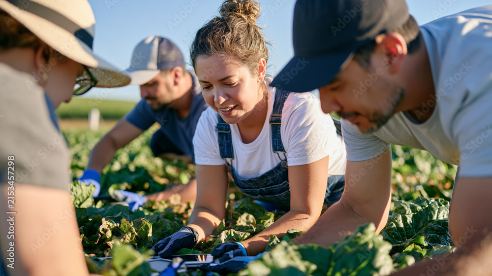 Fototapeta premium An organic farming cooperative team works across a quiet rural landscape field installing digital payment terminals at roadside stalls, the diverse team framing showing multigenerational growers com