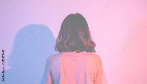 Woman with wavy hair facing away in neon light