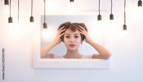 Young woman fixing hair in vanity mirror with lights.