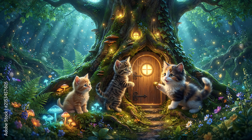 Curious kittens exploring a magical glowing door in an ancient tree