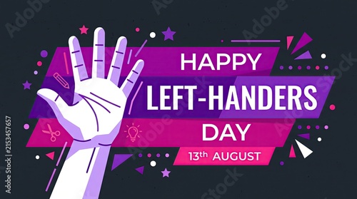 Colorful graphic design celebrating international left handers day with a raised hand illustration on dark background