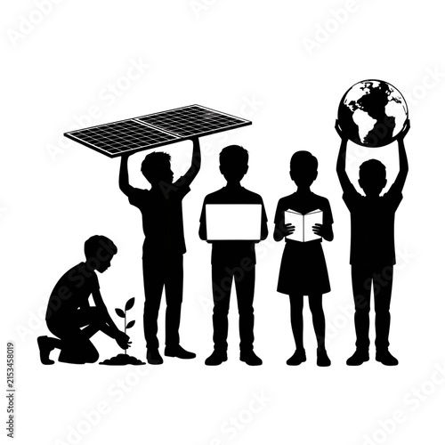 Diverse Group of People Holding Earth and Technology Symbols
