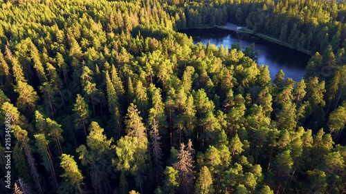 Aerial footage of forest with pond and distant city in Finland Hämeenlinna with nice time warp effect. 