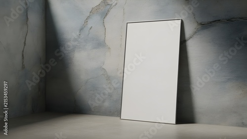 Large vertical blank picture frame leaning against a textured blue and white marble wall in a modern room