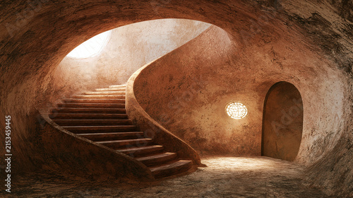 Organic Earthen Staircase Inside Curved Cave Interior
