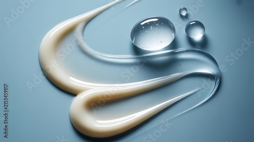 Close up of cosmetic cream and clear gel swirls on a smooth blue surface with droplets of water representing skincare and beauty product texture