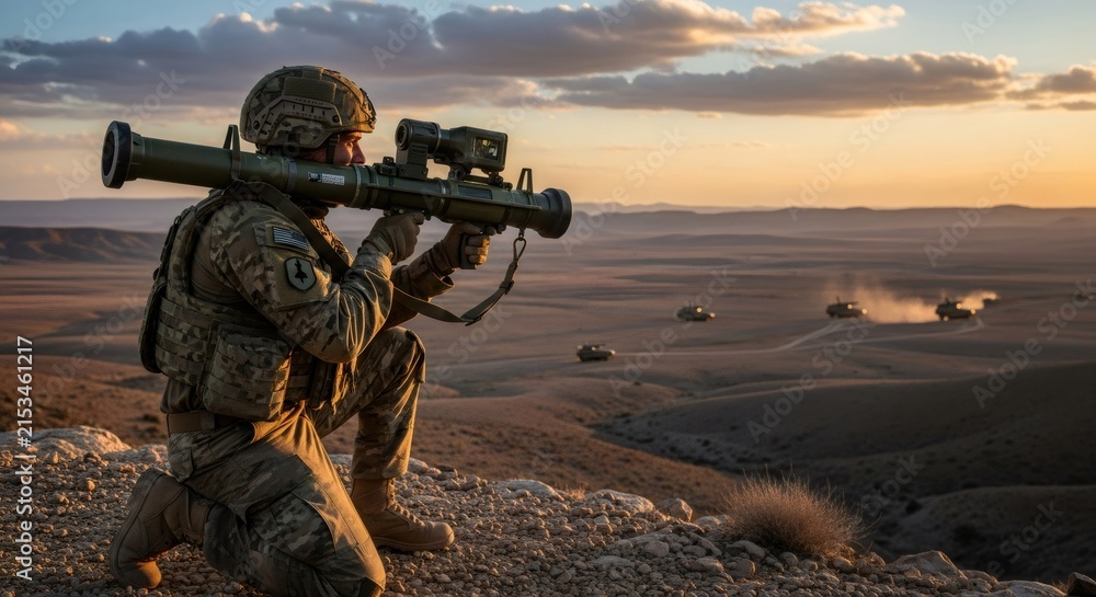 Fototapeta premium Soldier aiming antitank weapon at armored vehicle in desert. Man in military uniform participating in war conflict. Defense operation and tactical combat mission during sunset sky.
